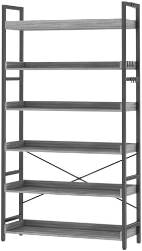 HCHQHS Bookshelf, Adjustable Industrial Bookcase, Vertical Tall Book Shelf, Wood and Black Metal Open Bookshelves for Home Office, Living Room, Bedroom (Grey, 6-Tier (31" W x 70" H)) by HCHQHS