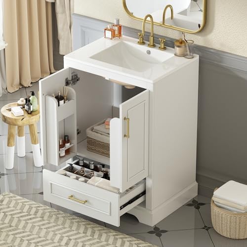 Harper & Bright Designs 24" Bathroom Vanity with Sink, Free Standing Single Basin Vanity with Divided Drawer & 2 Doors with Double Shelf, Wooden Storage Cabinet with Ceramic Basin for Bathroom, White by HarperBrightDesigns
