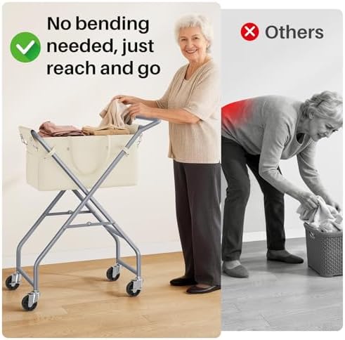 No-Bend Laundry Cart Rolling Hamper with Locking Wheels & Handle, Foldable Basket Screw-Free Assembly, Durable Metal Frame & Removable Liner Bag for Bedroom & Bathroom (Beige) - Image 2