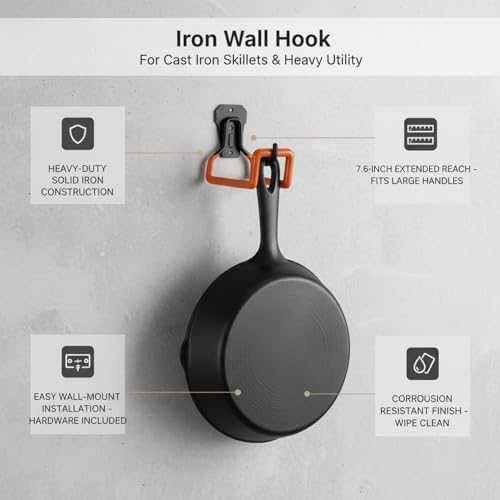 Heavy Duty Iron Wall Hook for Cast Iron Skillets, 7.6-Inch Utility Hanger for Garage and Kitchen Storage - Image 5