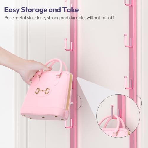 SWTYMIKI Over the Door Purse Organizer - 2 Packs Wall Mounted Purse Rack with 8 Hooks Design, Hanging Handbag Organizer Storage Holds up to 16 Bags, Bag Rack for Closet, Door(Pink) - Image 7