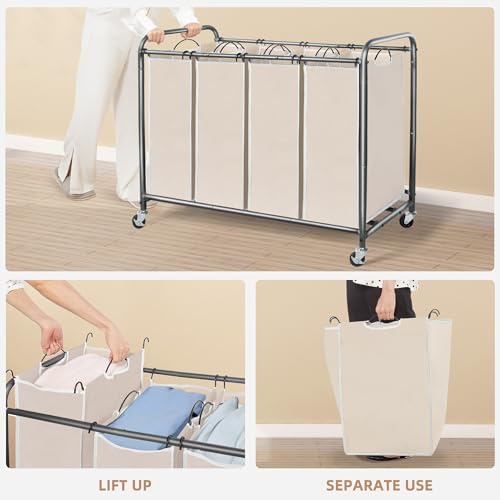 STORAGE MANIAC 3 Section Laundry Sorter, Laundry Hamper with Wheels, Beige - Image 4
