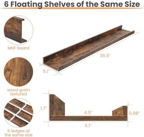 upsimples Floating Shelves for Wall Decor and Storage, Brown, 6Pcs 35.5'' - Image 3
