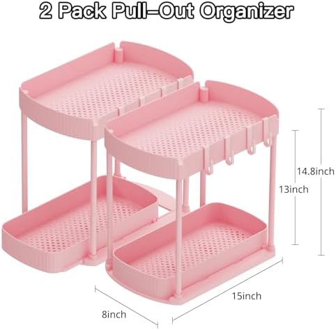 2 Packs Under Sink Pull-Out Storage Organizers, 14.8 Inches,Pink - Image 2