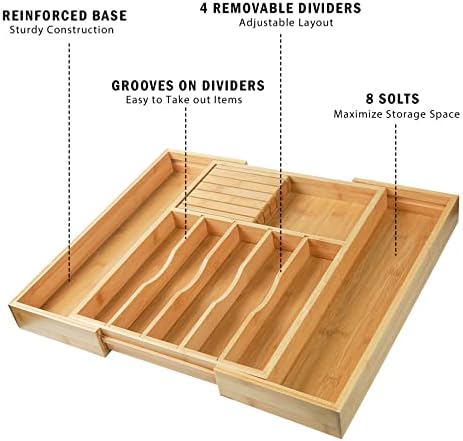 Wencrfat Silverware Drawer Organizer with Removable Knife Block and Dividers, Expandable Bamboo Kitchen Drawer Organizer, Flatware Utensil Cutlery Organizer for Drawer 8 Compartments - Image 5