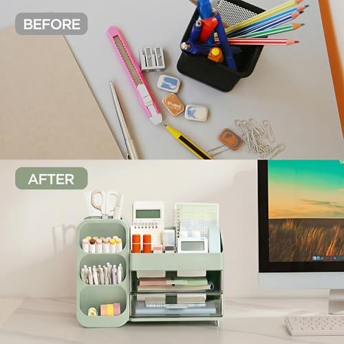 HBlife Desk Organizer with Pen Pencil Holder for Desk, Pen Organizer with 2 Drawers, Desk Organizers and Accessories with 4 Compartments, Desktop Storage for Office Home School Art Supplies, Green - Image 6