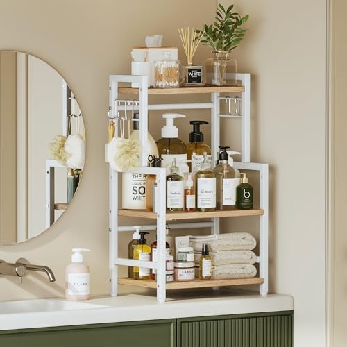 Kitchen Countertop Organizer, 3 Tier Large Spice Rack Organizer with Adjustable Shelf and 5 Hooks, Wooden Counter Organizer, Countertop Shelf Microwave Stand for Kitchen Coffee Bar, Light Coffee - Image 5
