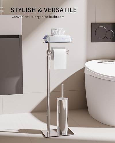Toilet Paper Holder Stand, Free Standing Toilet Paper Holder with Shelf for Bathroom, Stainless Steel Chrome Toilet Tissue Holder with Brush and Holder Set, Weighted Base - Image 2