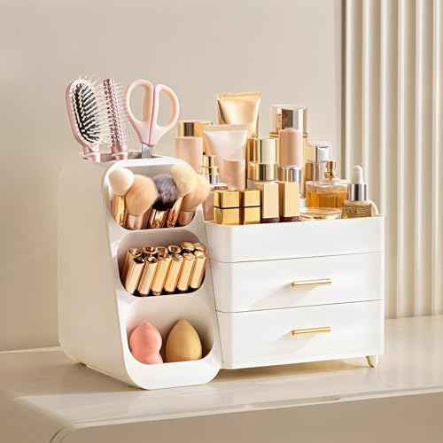 HBlife Makeup Organizer with Brush Holder for Vanity, Large Plastic Bathroom Countertop Organizer Skin Care Storage, Easy to Store Lipsticks, Nail Polishes, Perfumes, Eyeshadow Palettes, All White - Image 2