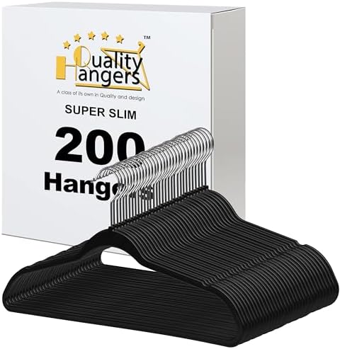 Quality Hangers 200 Pack Slim Plastic Hangers for Clothes - 16.5" Won't Crease Your Clothes, Heavy Duty Non-Velvet Black Hangers, 360° Swivel Chrome Hook Dresses Coats Shirts by QualityHangers