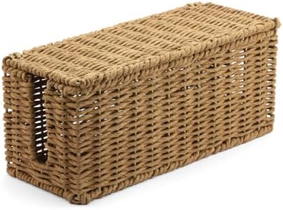 Handwoven Natural Raffia Cable Management Box with Lid – Decorative Cord Organizer for Power Strips, Surge Protectors & Charging Cables – Woven Storage Basket for Home & Office (Natural Raffia) by LeatherLatch