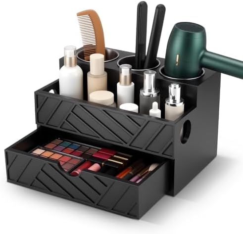 Black Hair Tool Organizer with Drawer, Hair Brush Storage for Bathroom and Vanity Countertop, Fits Blow Dryer, Curling Iron, Makeup Brushes, Skincare, Hot Tools Organizer for a Tidy Counter by Unknown
