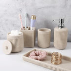XLHOMO Resin Beige Bathroom Accessories Set 5 Pcs, Lotion Soap Dispenser, Toothbrush Holder, Bathroom Tumbler, Qtip Holder and Vanity Tray, Bathroom Countertop Organizer Set for Modern Home Apartment by BetterbathroomwithXLHOME