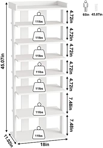 HOMEFORT 7-Tier Wood Shoe Rack, Double Rows 7-Tier Shoe Shelf, Shoe Storage Stand, Entryway Shoe Tower, Vertical Shoe Organizer Perfect for Narrow Closet, Entryway, Hallway, Bedroom in White - Image 2
