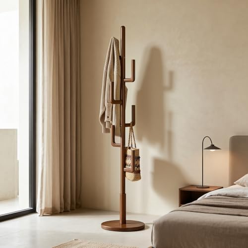 Coat Rack,Solid Wood Cactus Coat Rack Freestanding With 6 L-Shaped Hooks and 3 Adjustable Sizes,Coat Tree for Bedroom, Entryway, Livingroom, Coat Hanger Stand for Coats, Handbags (Walnut) - Image 2