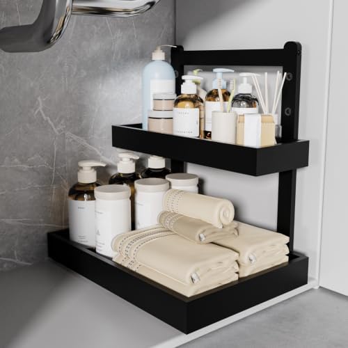 Under Sink Organizer - 2 Tier Pull Out Cabinet Shelves with Adjustable Height, Undersink Storage Slide Out for Kitchen Bathroom Cabinet Pantry Black by EASIDAYFAN