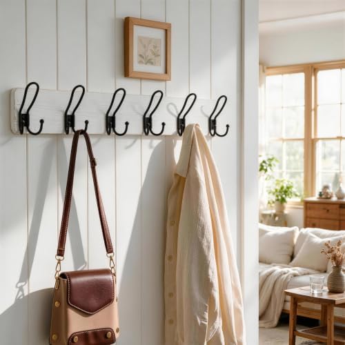 SKOLOO Coat Rack Wall Mount, Solid Wood Wall Mounted Coat Rack with Hooks, 24 Inch Wooden Coat Hooks for Wall, Rustic Entryway Hallway Organizer, Pre-Assembled, Weathered White, Pack of 2 - Image 2