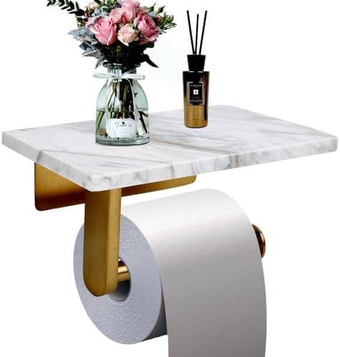Toilet Paper Holder with Natural Marble Shelf for Bathroom Washroom,Wall Mounted Tissue Holder Suitable for Mega Roll (Brushed Gold, Middle 7.87 * 4.72 in) by Nodafuer