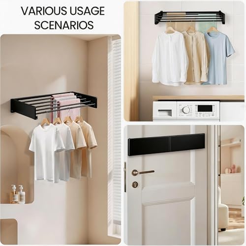 Wall Mounted Laundry Drying Rack, Carbon Steel Foldable & Retractable Clothes Drying Rack, Space Saving Adjustable Towel Holder for Bathroom, Laundry, Small Spaces (1, Black, 50cm) - Image 5