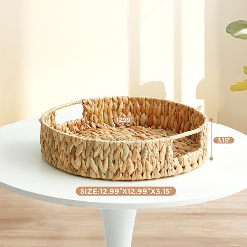 Round Water Hyacinth Serving Tray with Built-in Handles, Hand Woven Rattan Basket for Breakfast, Coffee, Tea, Snacks & Fruit, Decorative Storage Organizer, 13 Inch - Image 4