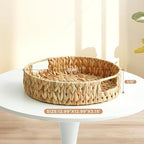 Round Water Hyacinth Serving Tray with Built-in Handles, Hand Woven Rattan Basket for Breakfast, Coffee, Tea, Snacks & Fruit, Decorative Storage Organizer, 13 Inch - Image 4