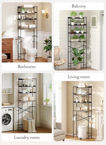 Quikraen 4 Tier Over The Toilet Storage Shelf with 3 Adjustable Shelves, Space Saver Bathroom Organizer with 4 Hooks, Freestanding Above Toilet Rack for Restroom Laundry (Black) - Image 6