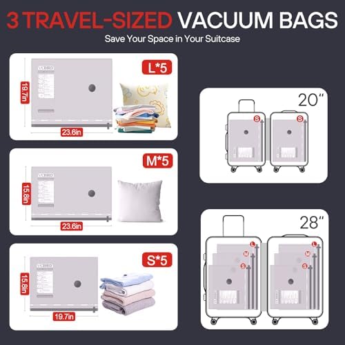 VMstr 15-Pack Vacuum Seal Bags for Clothing Travel, Carry-on Size for Luggage Compression Packing, Space Bags with Plug-in Electric Pump - Image 3