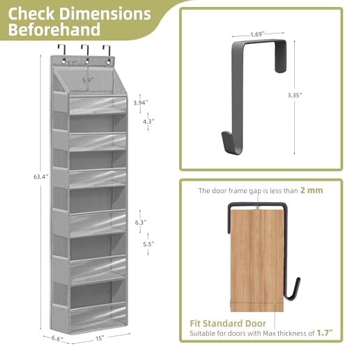 Over Door Organizer with 6 Extra Large Pockets 12 Side Pockets, Sturdy Closet Storage Rack, Hanging Storage Organizer with Clear Window for Shoes, Diaper, Bedroom, Bathroom, Grey, 6-Pack - Image 2