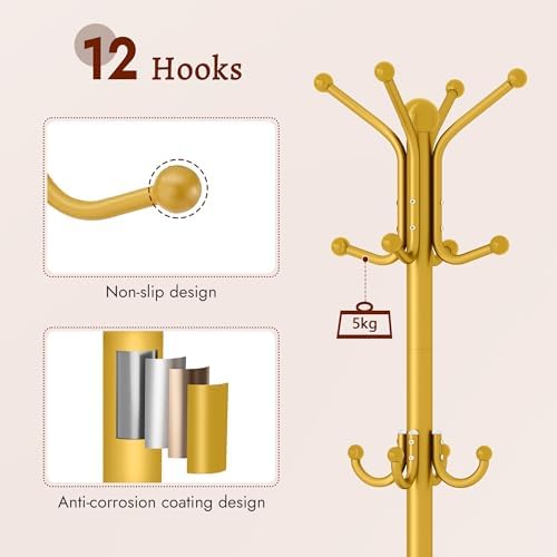 FAVOOSTY Coat Rack Freestanding,Coat Rack Stand with Umbrella Holder,Metal Coat Tree with 12 Hooks,Tree Clothes Hat for Entryway, Hallway, Bedroom, Living Room & Office -Glod - Image 3