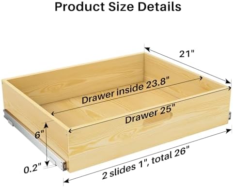 Pull Out Cabinet Organizer, Soft Close Slide Out Solid Wooden Drawers(26"W X 21"D x 6.2''H), Heavy Duty Full-extension Roll Out Shelves for Kitchen Cabinets,Pantry & Closet Organizers and Storage - Image 2