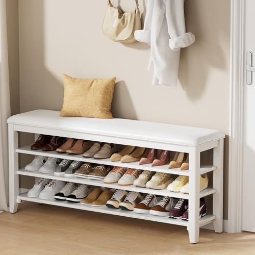 Taitiy Shoe Bench with 3 Tier Adjustable Shelves Rubberwood Entryway 47.2'' - Image 2