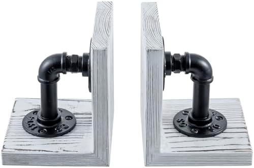 MyGift Decorative Bookends, Office Book Ends for Shelves, Book Holder L-Shaped Stand Desktop, Whitewashed Solid Wood with Realistic Industrial Pipe Design - Image 6
