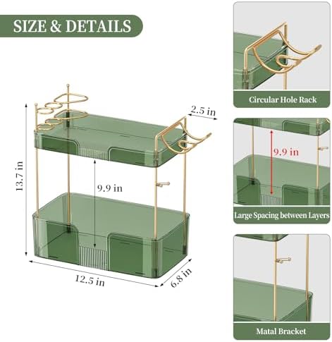 Bathroom Counter Organizer for Vanity, Makeup Organizer Countertop with Holder, Large Capacity Storage Rack, Perfect Large Skincare, Hair Care, Perfume, Easy to Install (Green, 2Tiers) - Image 2