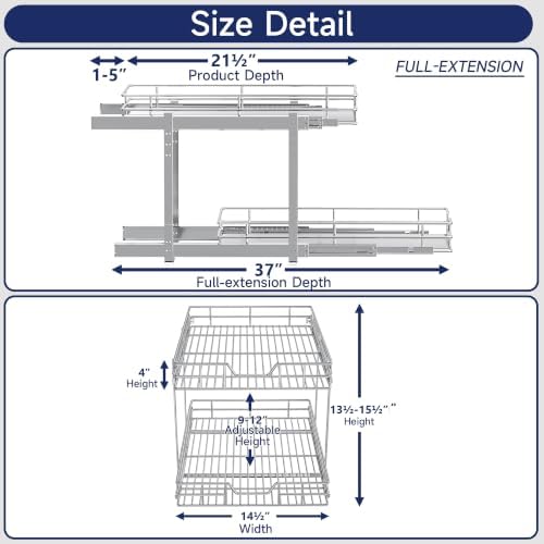 2-Tier Pull Out Cabinet Organizer, 14.5" W x 21.5" D, Heavy Duty Dual Slide Out Shelves for Base Cabinets, Chrome Wire Basket Drawer for Pantry, Kitchen & Bathroom Storage - Image 2