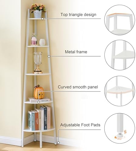 Hoctieon Corner Shelf, 5-Tier Corner Bookshelf, Rustic Ladder Shelf, Industrial Display Stand for Living Room, Kitchen, Home Office, Balcony, Small Space, Metal Frame, White - Image 3