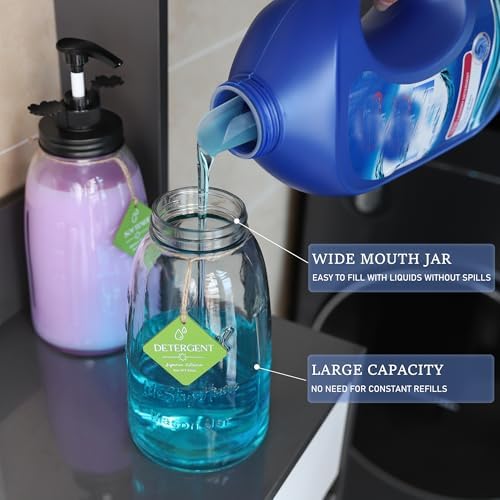 Glass Laundry Detergent Container - Besuerte Large Capacity Liquid Laundry Detergent Dispenser with Refillable & Reusable 2x50oz Mason Jars and Save Effort Pump Aid Handle, Black Cap - Image 2