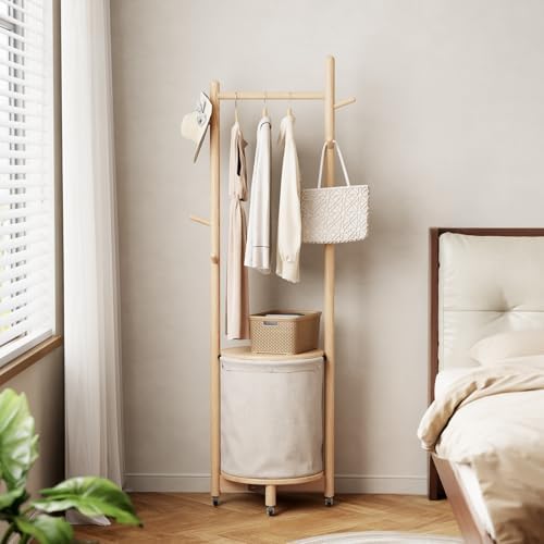 CycleCrew Solid Wood Coat Rack with Fabric Basket - Freestanding Coat Rack Rolling Coat Tree with 9 Hooks Wheels, Small Clothes Rack For Entryway Bedroom Hallway Living Room - Image 6