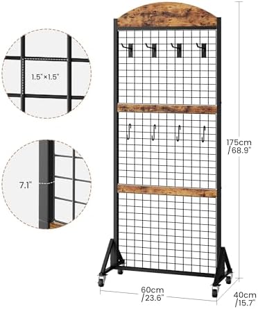 CHOEZON Grid Wall Panel 5.7’ x 2’ FT Grid Display Rack, Movable Gridwall Display Stand with Wheels,Floorstanding Wire Grid Rack with 4 S-Shaped Hooks and 4 Garment Hooks Rustic Brown and Black TCJ17BF - Image 3