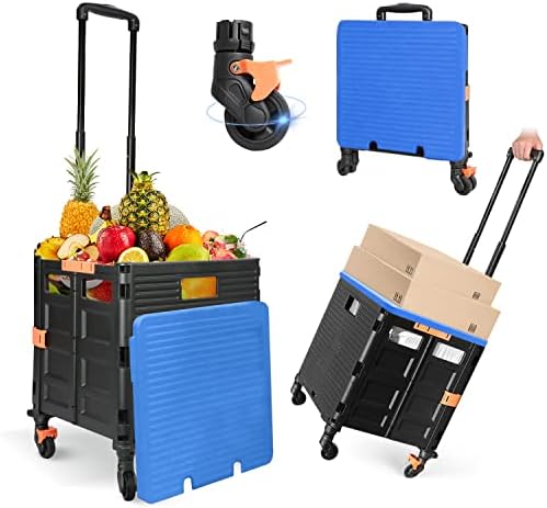 Foldable Utility Cart Folding Portable Rolling Crate Handcart Handcart Shopping Trolley Wheel Box with Lid,360°Rotate Wheels,Heavy Duty Durable Dolly Cart for Teacher Tourist Shopping Office Outdoor by ZIYOULANG