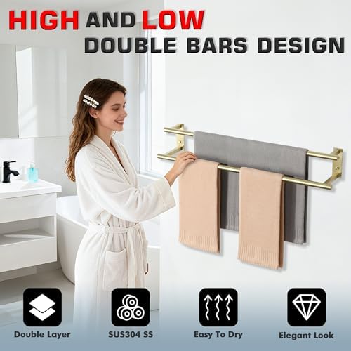 Alise 28‘’ Double Towel Bar for Bathroom Wall Mounted, Brushed Gold - Image 3
