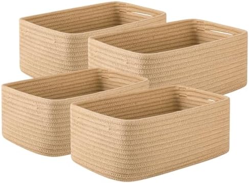 OIASKET 4 Pack Small Storage Shelf Baskets for Organizing, Mini Woven Rope Storage Bins for Towels, Cute Decorative Closet Organizer，Baby Nursery, Gift Empty Baskets -11.81''Lx7.87''Wx4.72''H-Jute by OIASKET