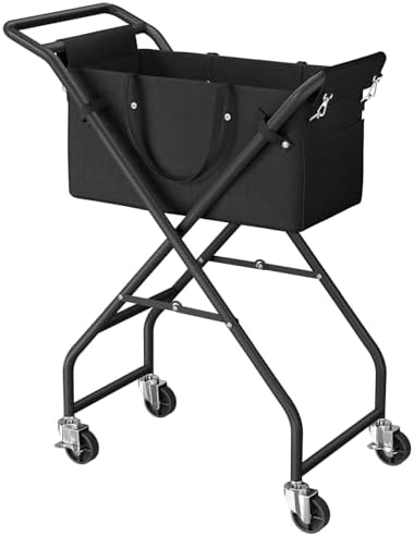 No-Bend Laundry Cart- Rolling Hamper with Locking Wheels & Handle, Foldable Basket Screw-Free Assembly, Durable Metal Frame & Removable Liner Bag for Bedroom & Bathroom (Black) by Unknown