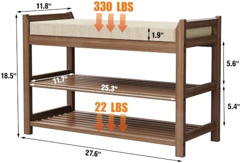 Entryway Shoe Rack Bench with Comfy Cushion, 28" Bamboo Storage Stool, 3-Tier Wooden Shoe Rack for Living Room Bedroom Hallway, Walnut Color - Image 3