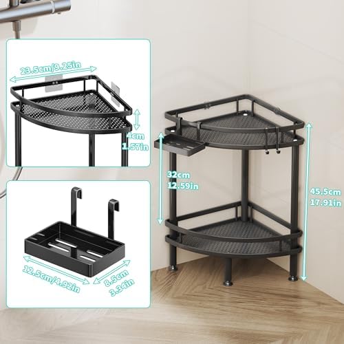 HapiRm Standing Corner Shower Caddy - 2 Tier Shower Organizer Corner with Soap Holder and 2 Hooks, Rustproof Bathroom Storage Shelves with Adhesives, Black - Image 4