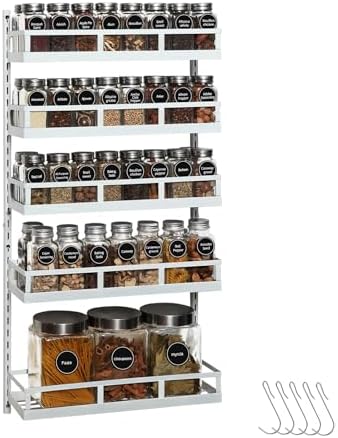 X-cosrack Wall Mount Spice Rack Organizer 5 Tier Height-Adjustable Hanging Spice Shelf Storage for Kitchen Pantry Cabinet Door, Dual-Use Seasoning Holder Rack with Hooks, White by X-cosrack