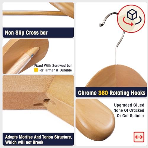 Wooden Suit Hangers 10 Pack - Heavy Duty Wide Shoulder Hangers With Non Slip Pants Holder for Men, Women, Coats, Jackets (Natural) - Image 2