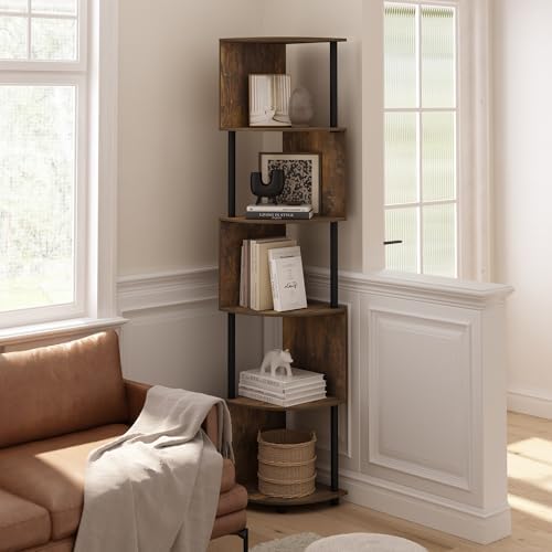 Furinno ECON Corner Shelf, 5-Tier Corner Book Shelf, Zigzag Storage Shelves, Display Rack, Bookshelf, for Organization and Storage, Living Room, Home Office, Amber Pine - Image 2
