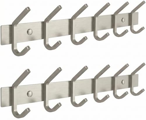 Coat Rack Wall Mount – Brushed Nickel 17 Inch Stainless Steel Hook Rail with 6 Heavy Duty Double Coat Hooks – Wall Mounted Coat Hanger for Entryway, Bathroom, Bedroom, Towel, Hat Organizer - 2 Pack by SAYONEYES