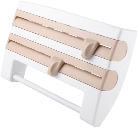 Plastic Wrap Dispenser, Wall Mount Kitchen Sauce Bottle Storage Rack Paper Towel Holder Foil Cling Film Cut Dispenser with Cutter (Khaki) - Image 3