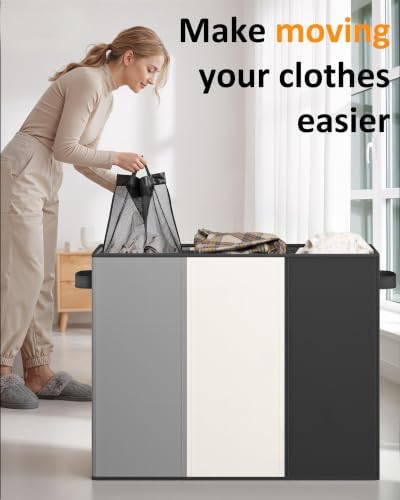 Optish 180L Laundry Hamper 3 Section, Large Hamper with Mesh Bags & Lid - Image 6